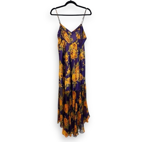 Vintage 90’s Y2K Purple Yellow Floral Satin Slip Dress w/ Chiffon Flutter Hem - Picture 7 of 7